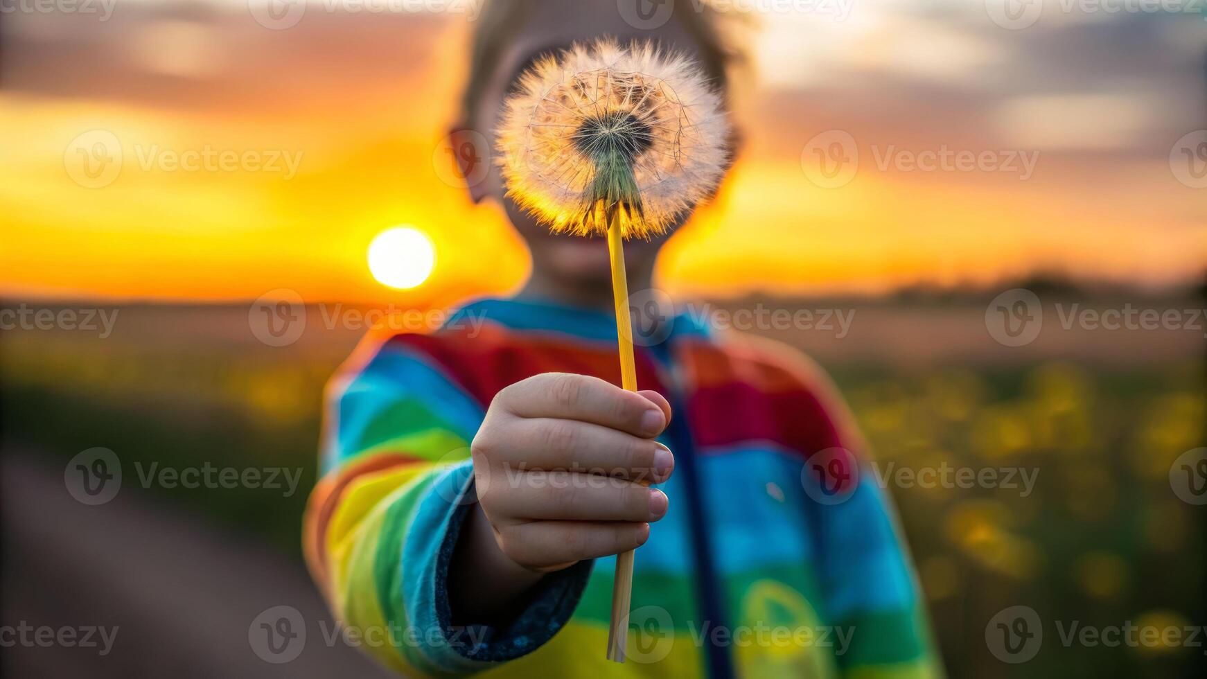 A gentle moment child holding dandelion in sunset nature scene vibrant colors whimsical viewpoint photo