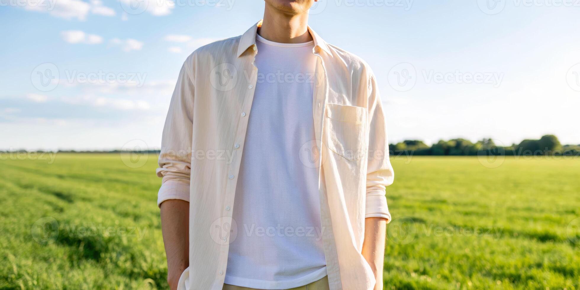 Casual outfit on a person in an open field during daytime natural landscape full-body view peaceful environment photo