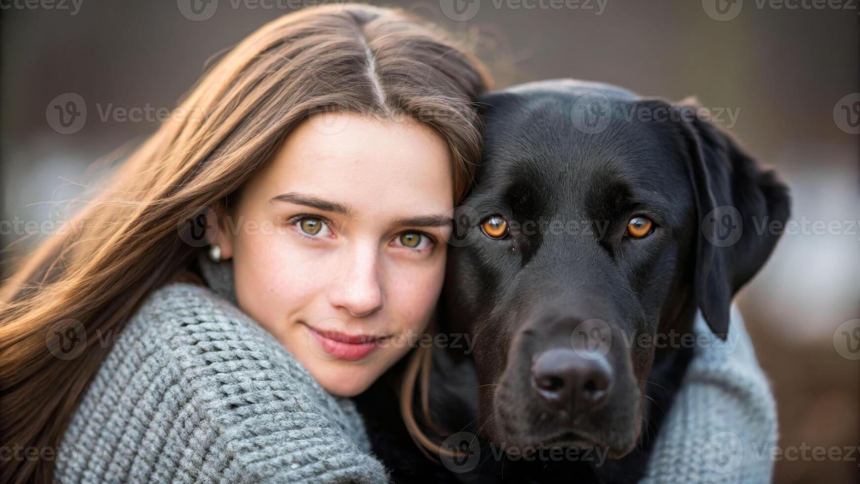 Gentle embrace of a young woman with long brown hair and her loyal black dog in a serene outdoor setting photo