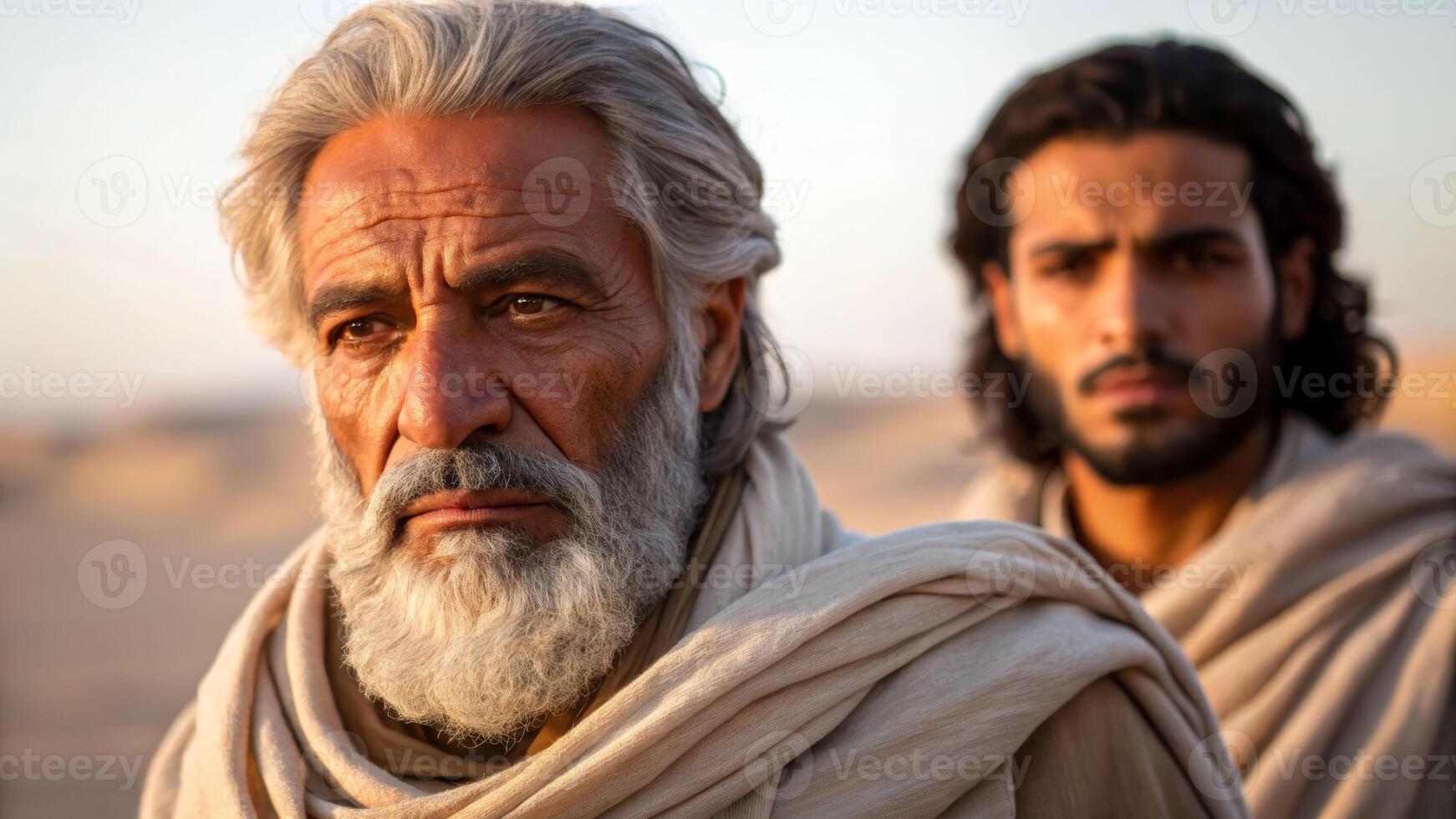 Gentle reflection of wisdom desert landscape close-up portrait warm atmosphere emotional depth photo