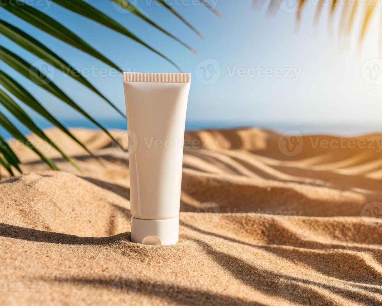 Daytime skincare application beach product display sandy environment close-up view natural beauty concept photo