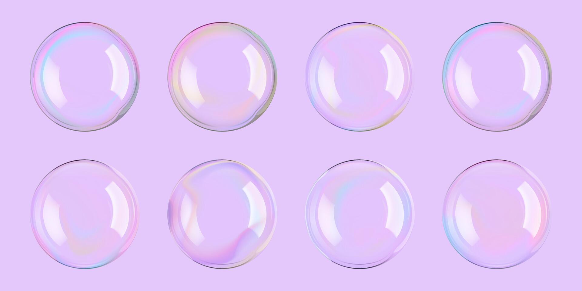 Transparent soap foam balls in air. 3D iridescent rainbow spheres and textured circles float on pink . Glass plastic mirror reflections on big bath bead. Shiny pastel blown day-dreaming bubbles vector