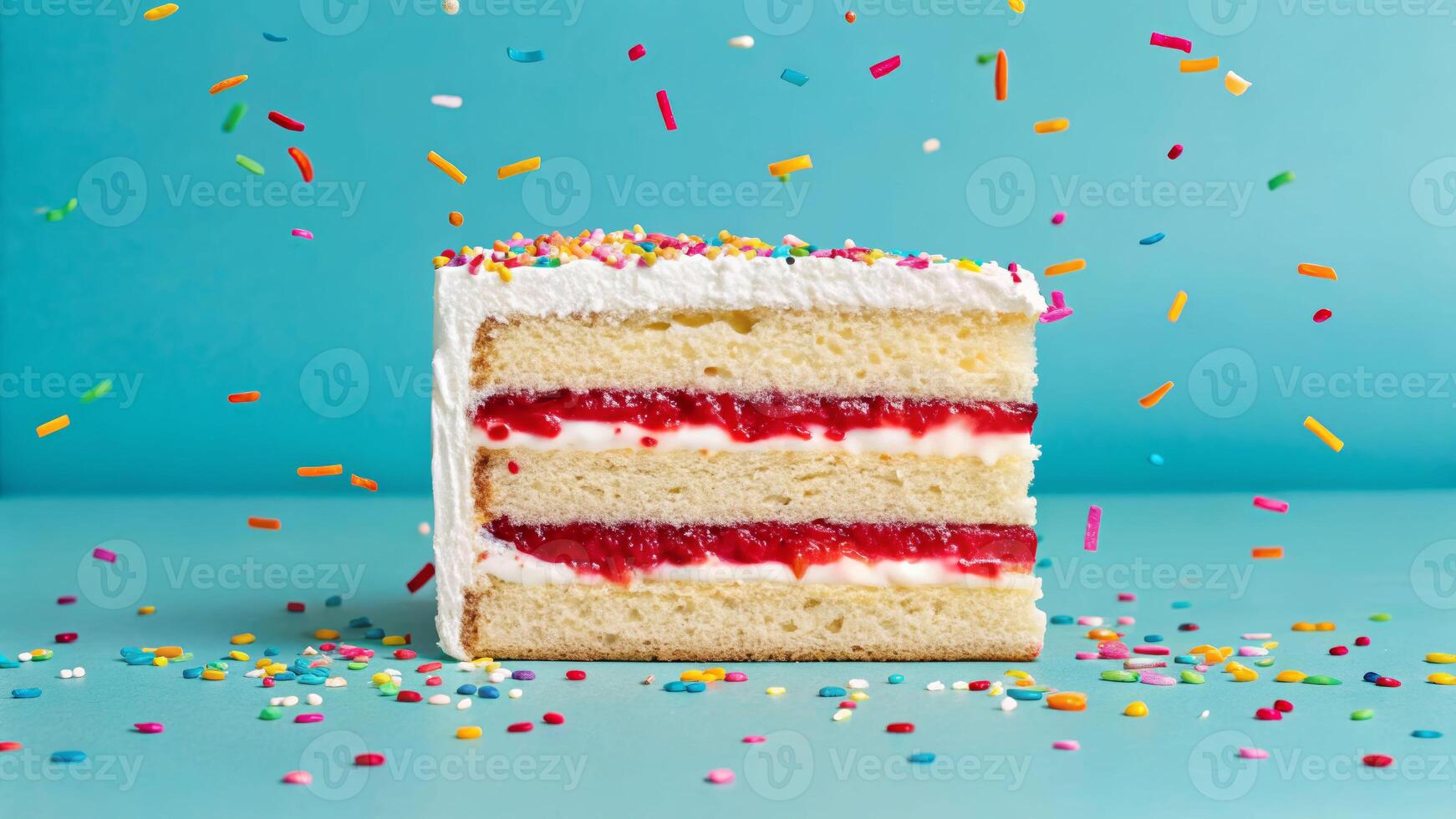 Cyan birthday cake slice celebration bright background food photography playful environment colorful concept photo