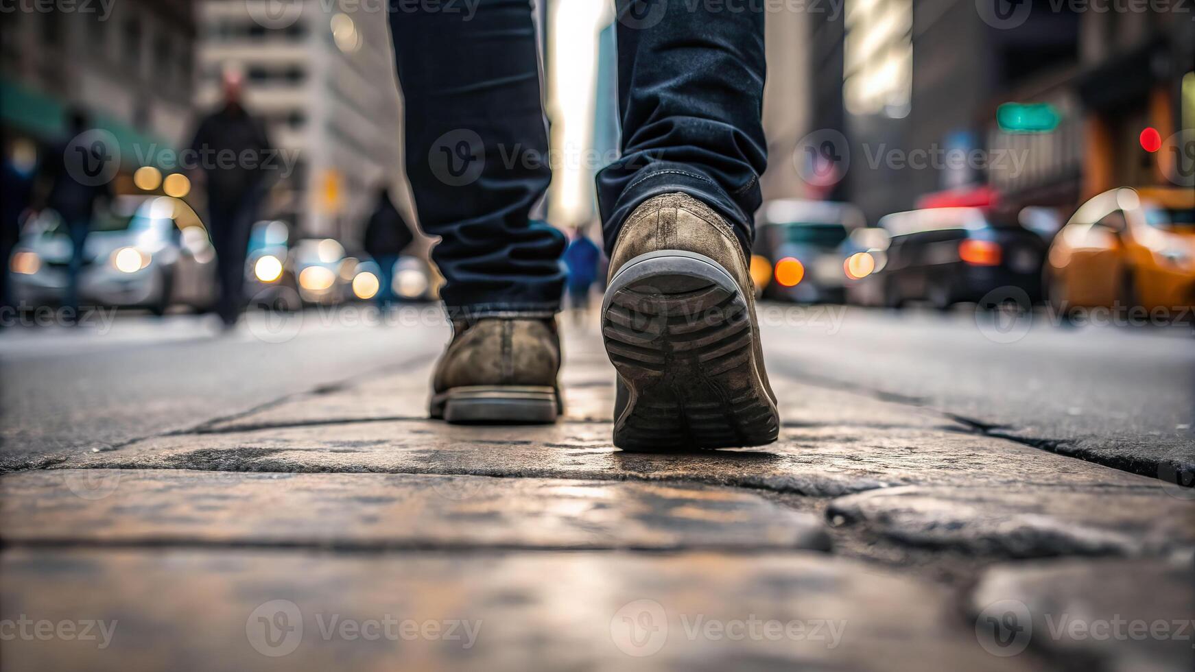 Vitality in motion a person's shoes walking on busy city streets urban environment dynamic perspective photo