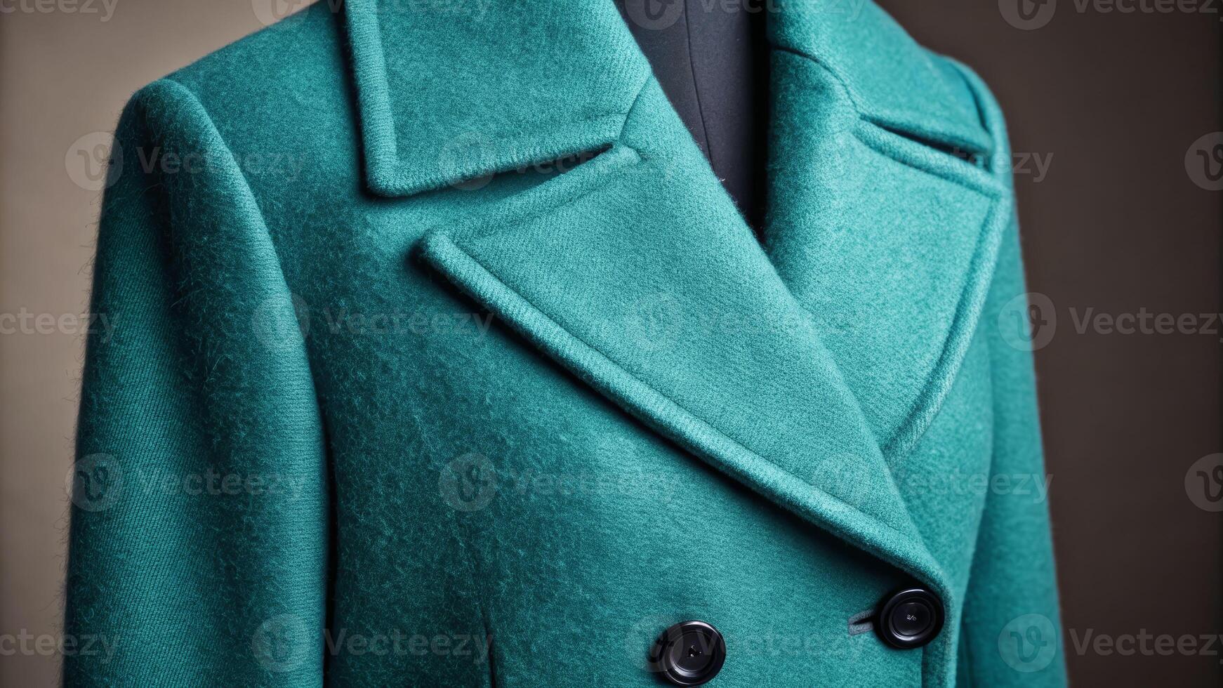 Cyan chic teal wool coat macro close-up textured fabric details studio setting fashion photography photo