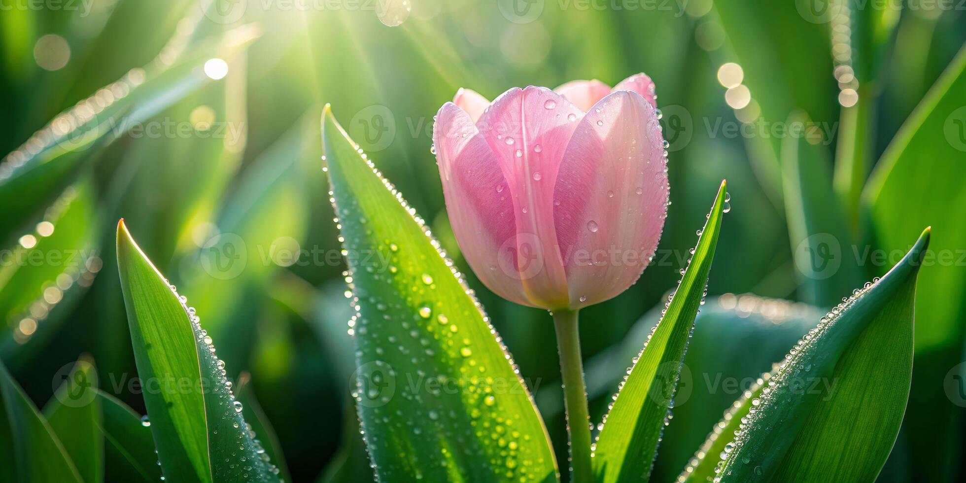 Summertime bloom a close-up of a pink tulip glimmering with dew in a lush garden environment photo