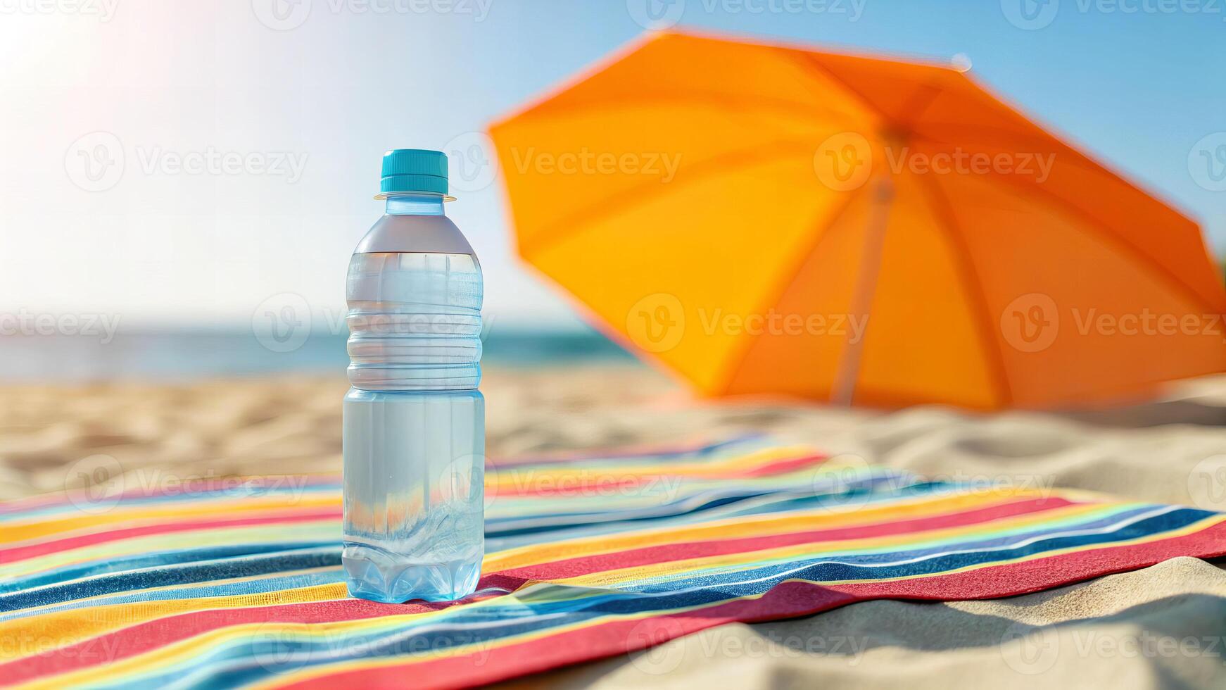 Refreshing vitality of water bottle on sunny beach relaxing environment close-up view photo