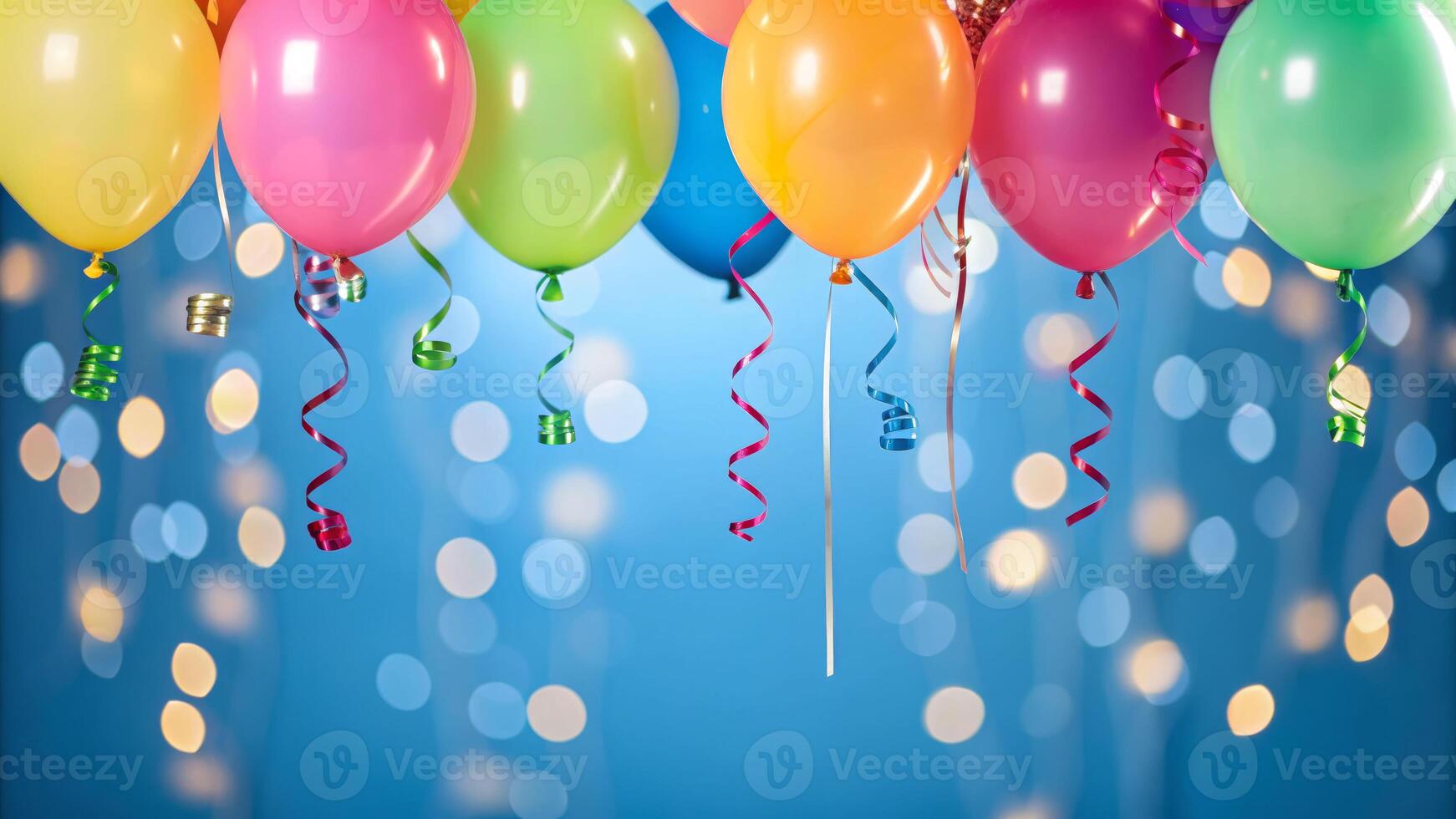 Cyan birthday celebration with colorful balloons blue background festive environment joyful atmosphere photo