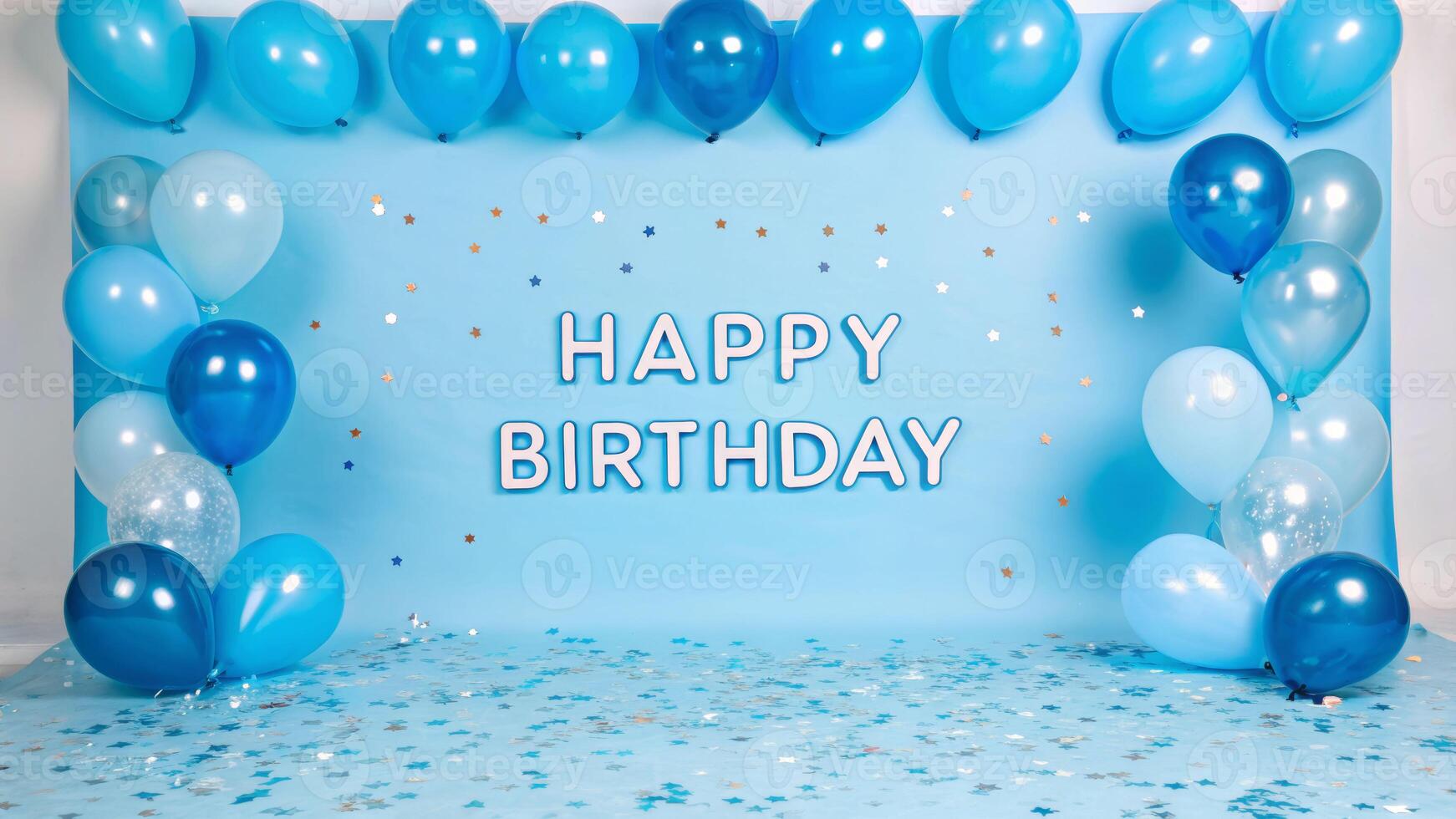 Cyan birthday celebration backdrop with balloons and confetti for festive photography photo