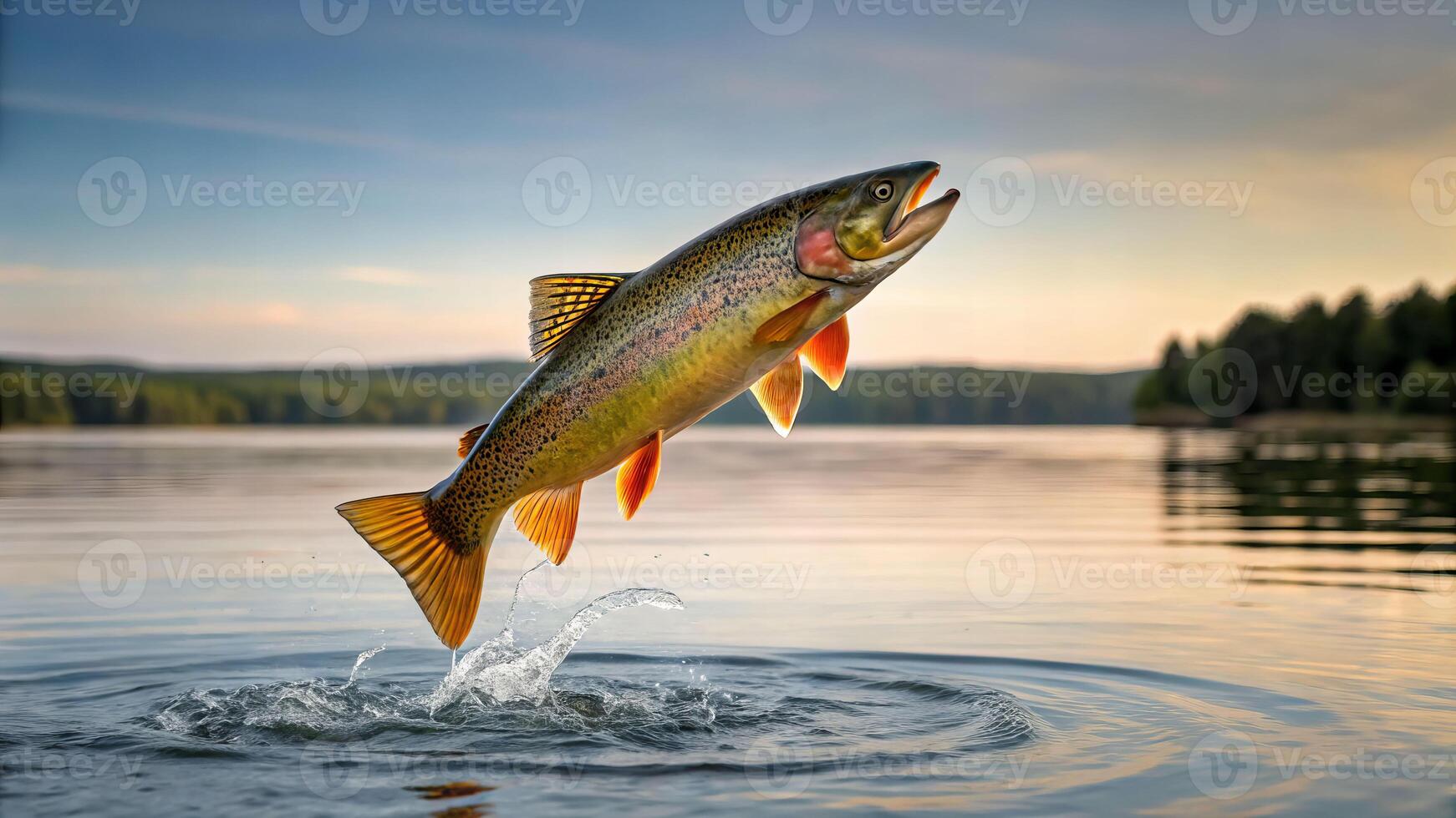 Vitality of nature fish leaping from water at sunrise captivating outdoor scene tranquil lake view photo