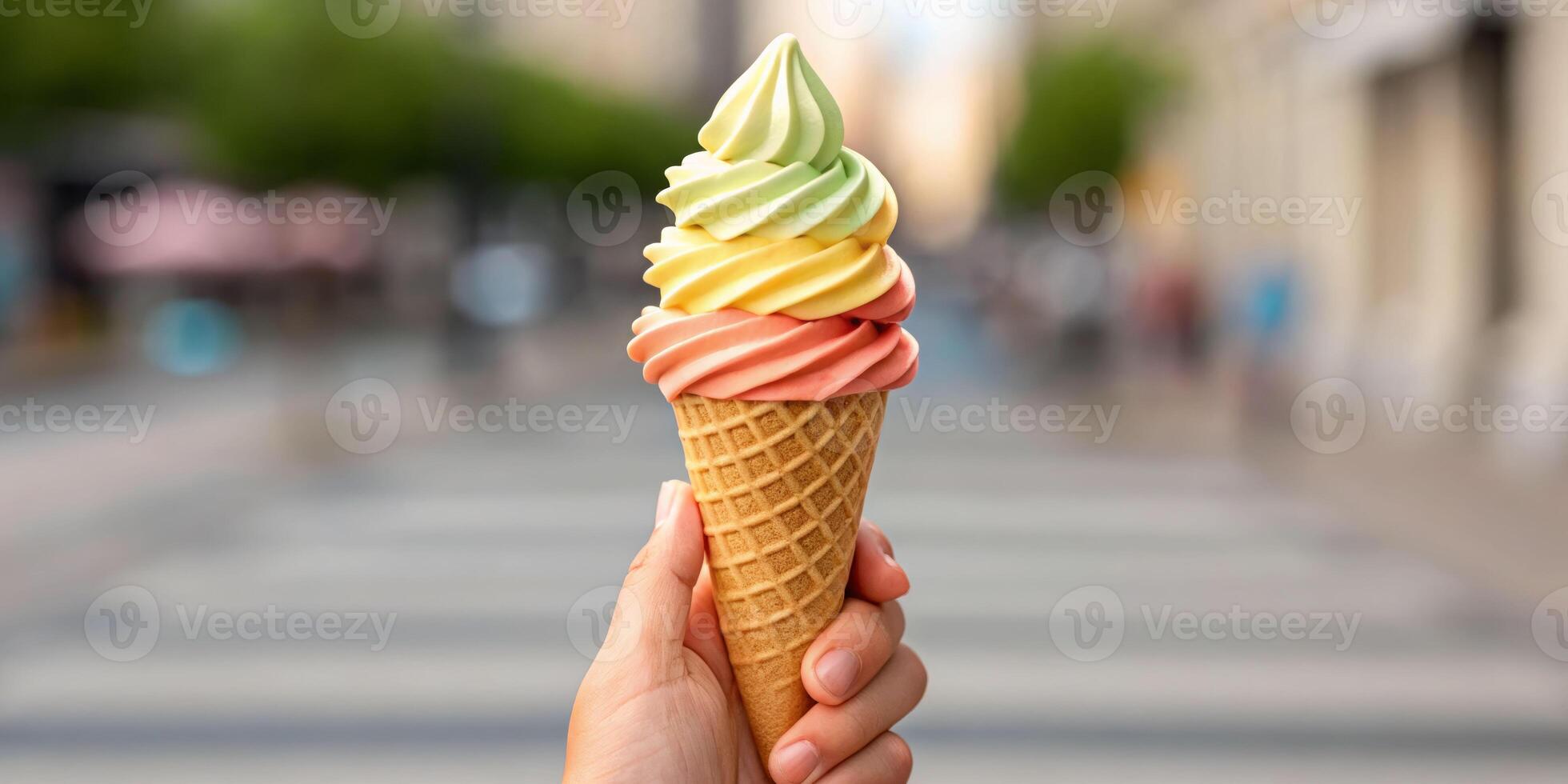 Summertime delight hand holding colorful ice cream cone on urban street vibrant atmosphere capturing the joy of summer photo