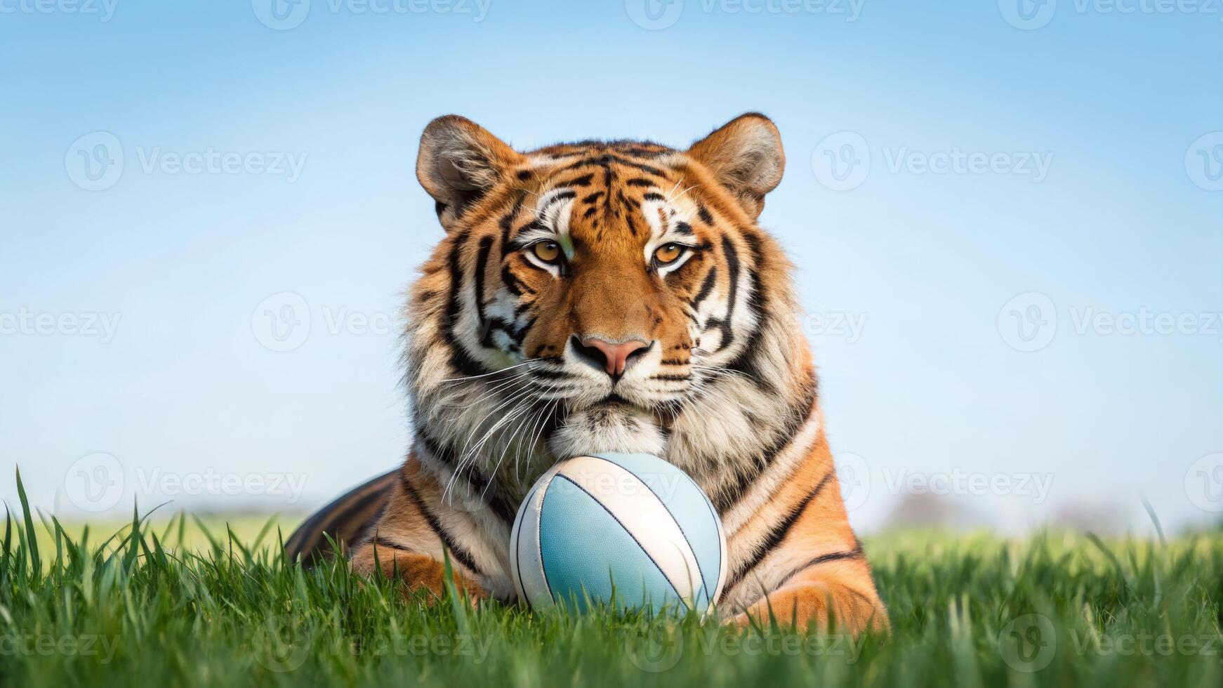 Vitality of a tiger playfully interacting with a ball in a nature setting close-up view of wildlife photo
