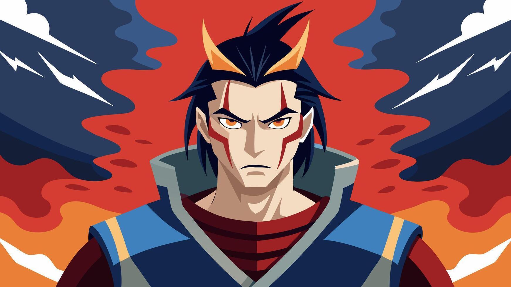 An anime character with horns and a red and blue background vector