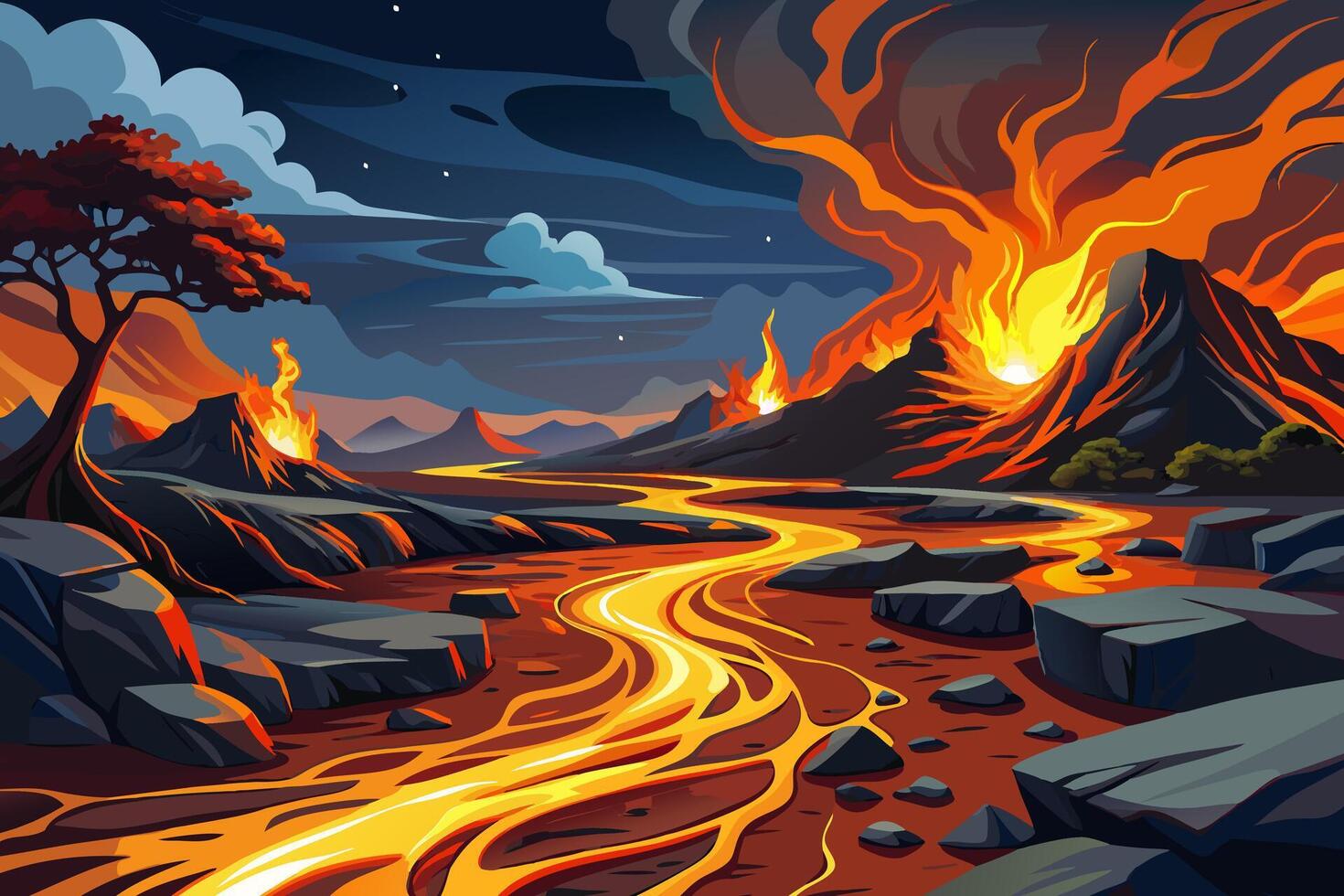 Illustration of a lava river flowing through a mountain vector