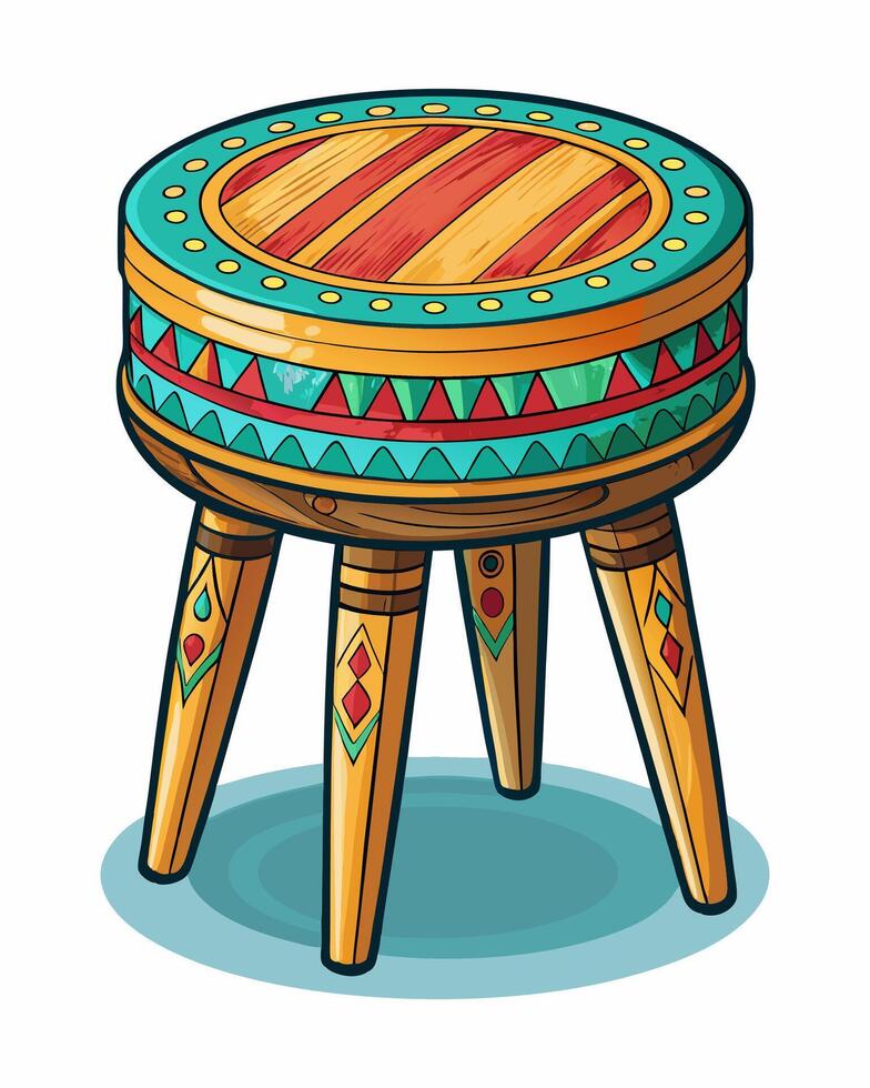 A wooden stool with colorful tribal patterns vector