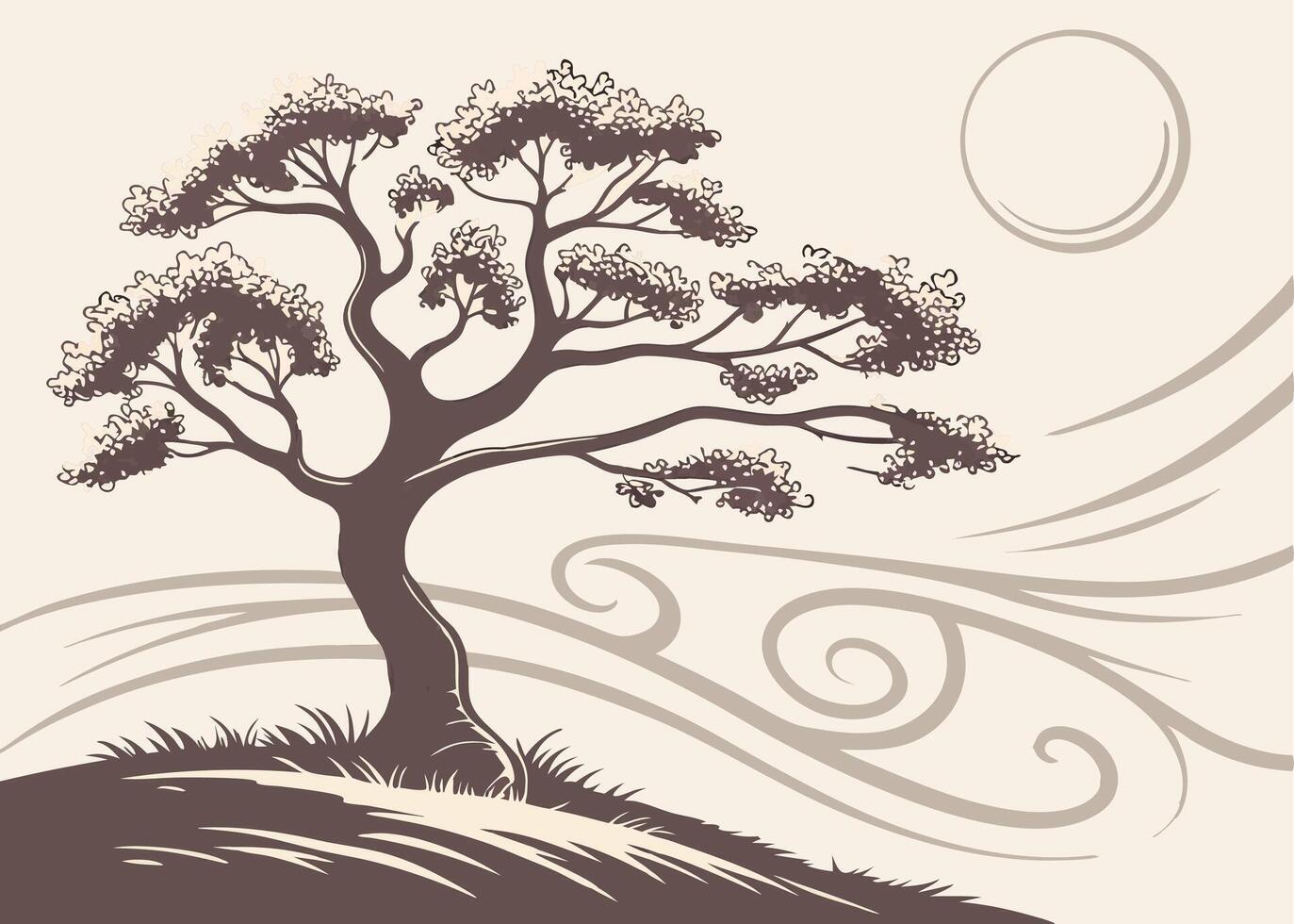 A tree on a hill with a moon in the background vector
