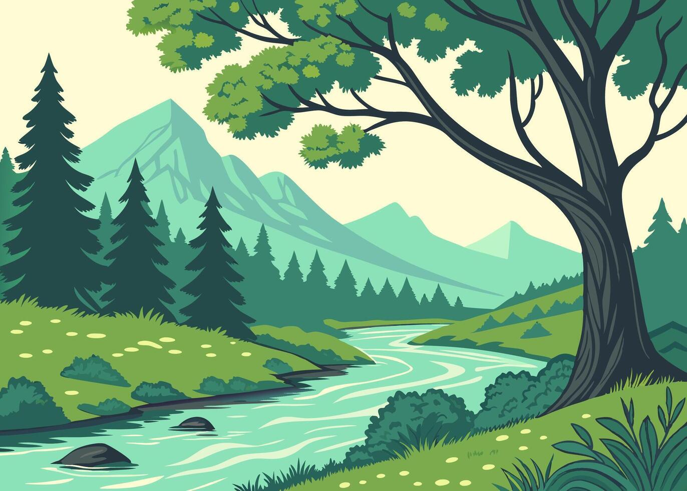 illustration of a river in a forest with trees and grass vector