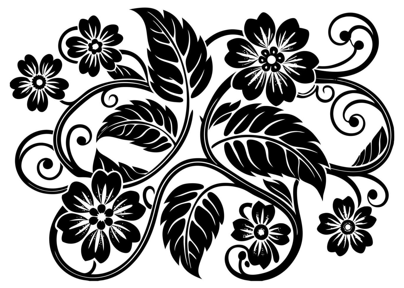 A black and white floral design with leaves vector