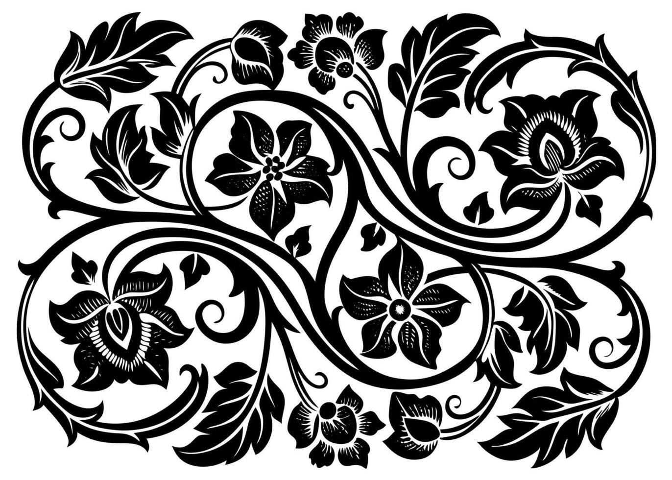 A black and white floral design with leaves vector