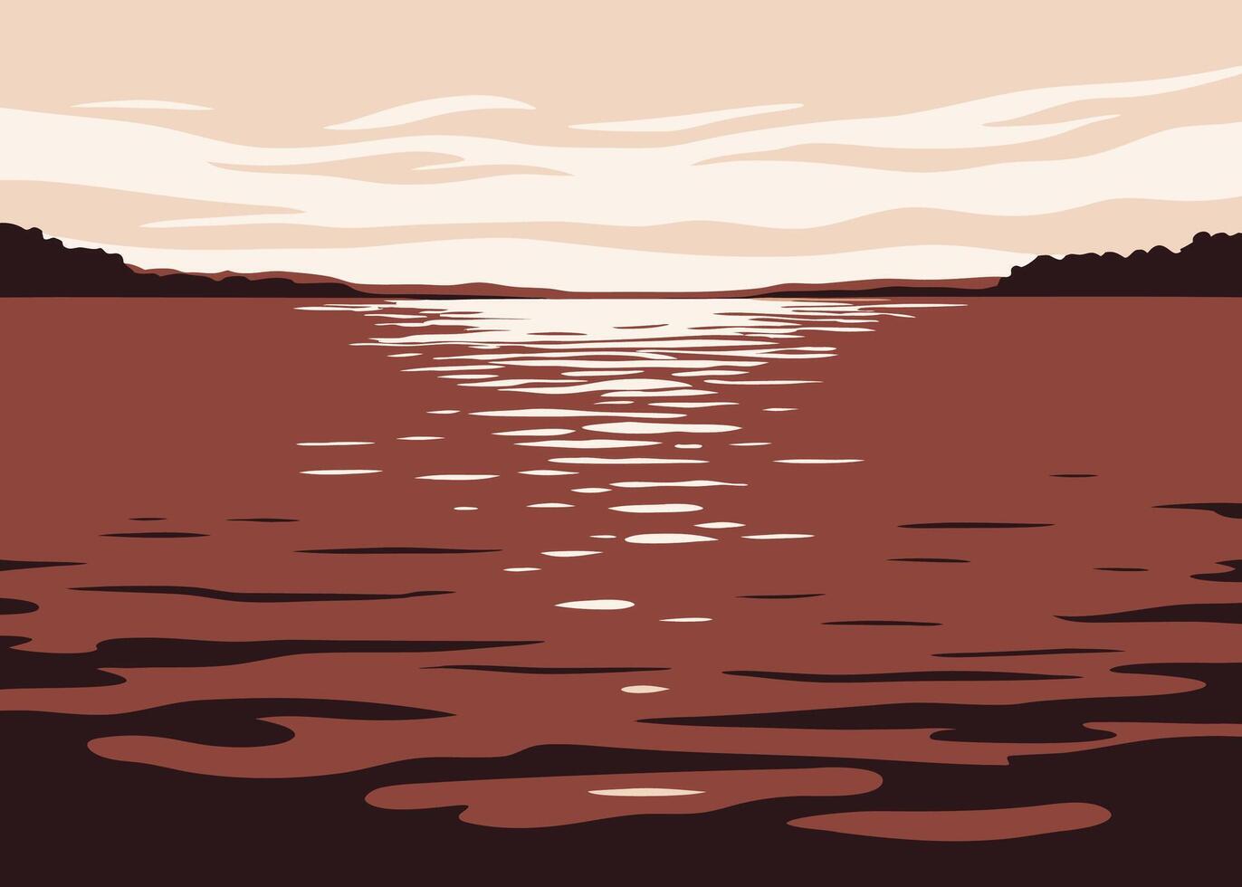 A sunset over the water with a boat in the distance vector