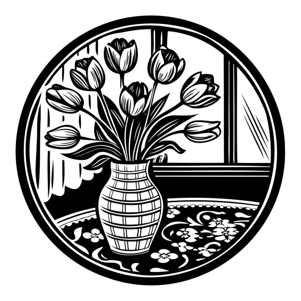 A black and white drawing of tulips in a vase vector