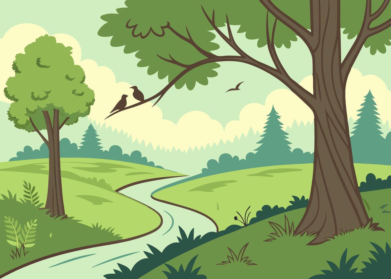 A cartoon illustration of a river and trees vector