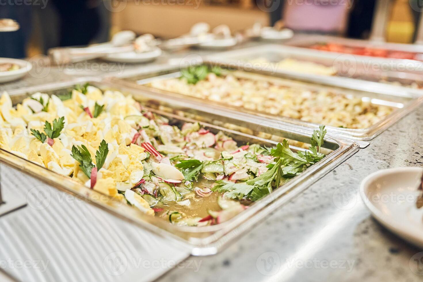 Selective focus on a fresh vegetable salad of eggs and radishes. Dietary nutrition with space to copy photo