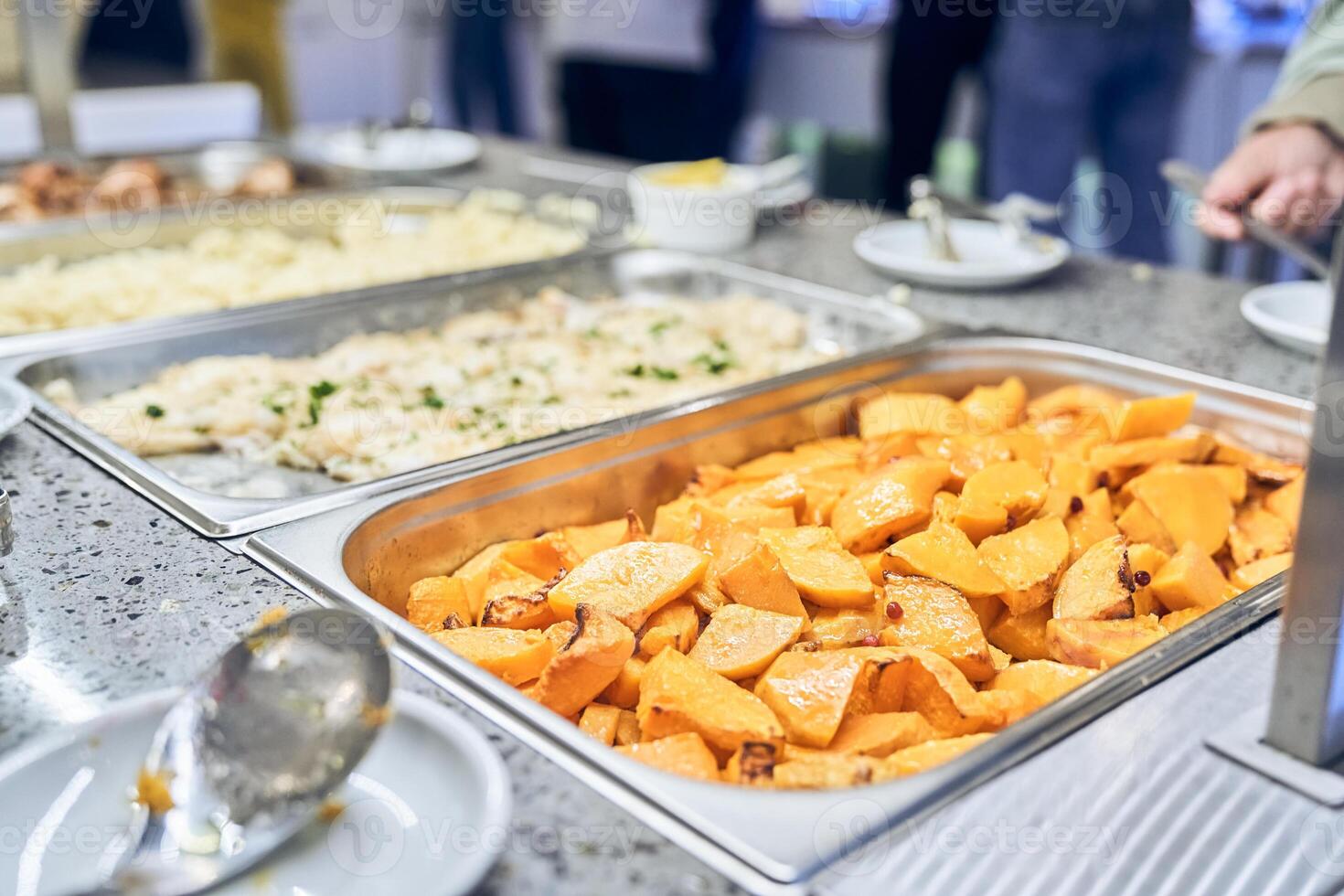 A buffet with metal containers with baked pumpkin and baked fish food. With space to copy photo