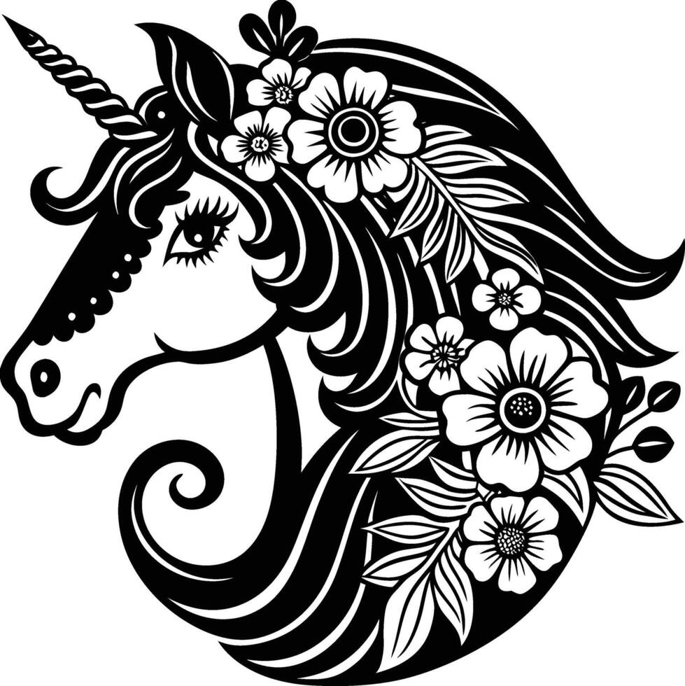 a black and white drawing of a unicorn with flowers vector