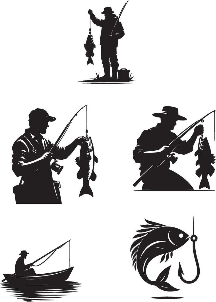Fisherman silhouettes set of fishing icons vector