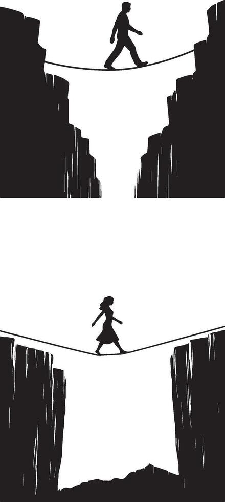 Two silhouettes of people walking on a rope vector