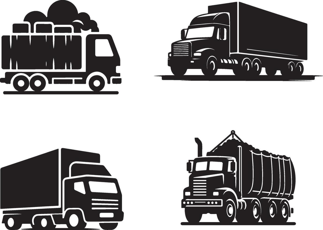 Four black and white trucks and trailers on a white background vector
