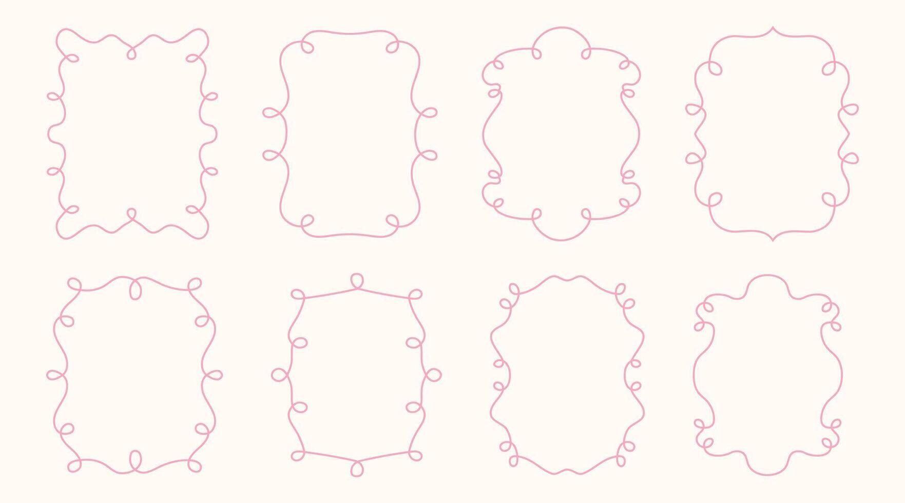 Collection of elegant hand drawn decorative frames with a delicate pink outline. Each frame features a unique wavy, curly, or looped border design, perfect for invitations, greeting cards vector
