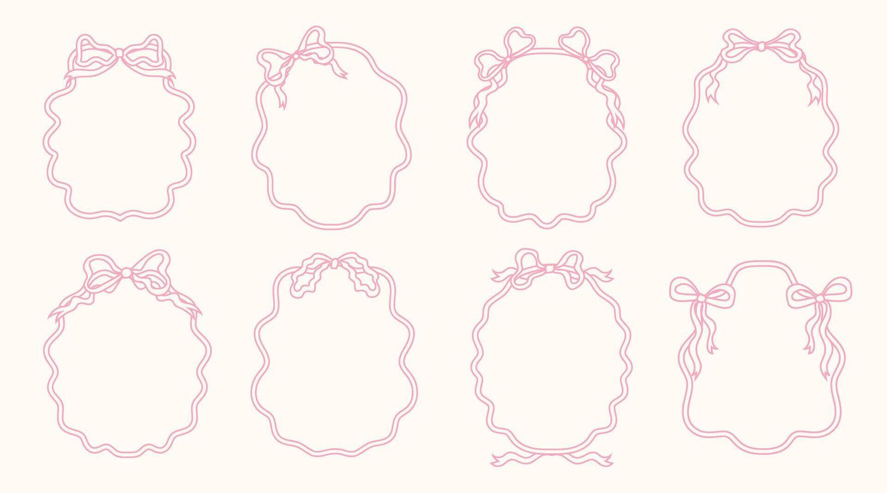 Set of hand-drawn decorative frames with delicate pink ribbon and bow elements. Elegant, vintage style borders feature wavy and curved lines, perfect for wedding invitations, baby shower designs vector