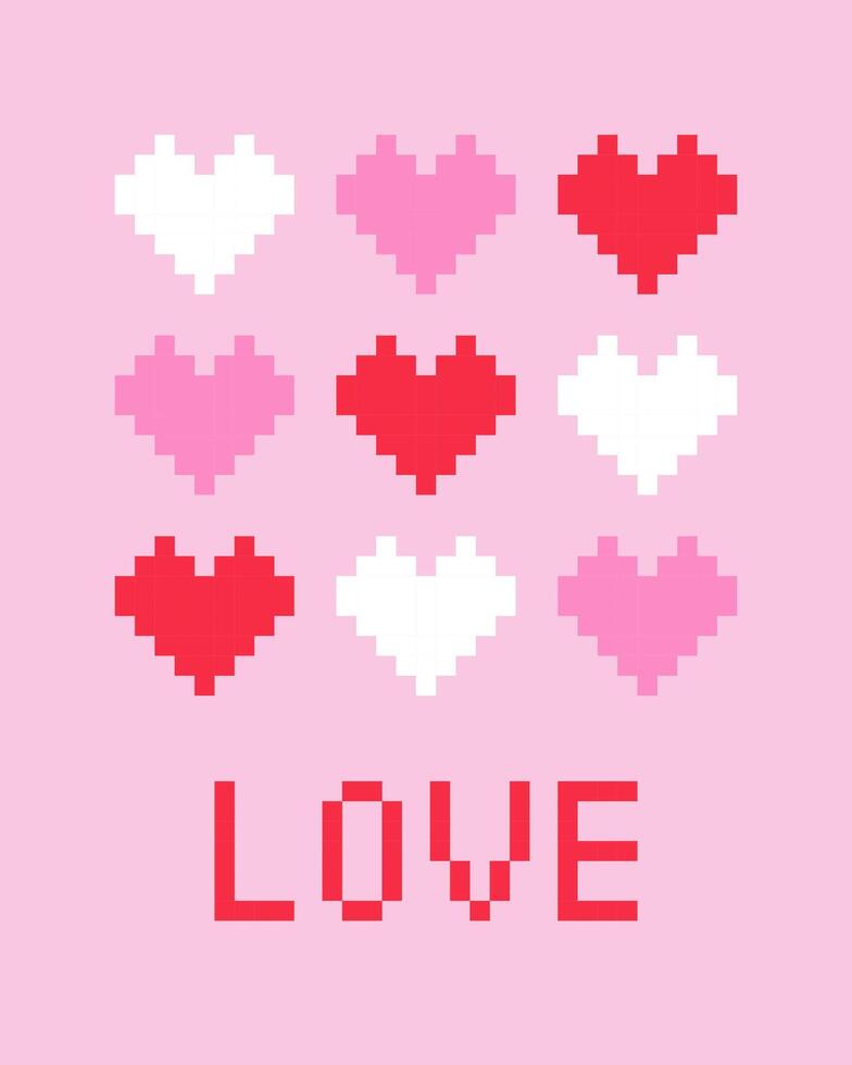 Happy Valentines Day card with pixel hearts vector
