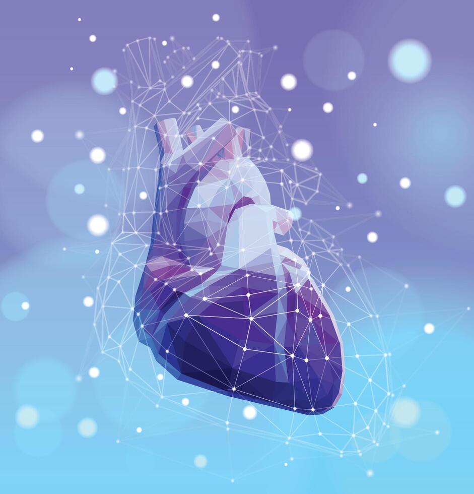 3D illustration of a structure of triangles connected by dots in the shape of a human heart in purple tones placed on a light background. Used in medicine, science, advertising, commerce and industry. vector
