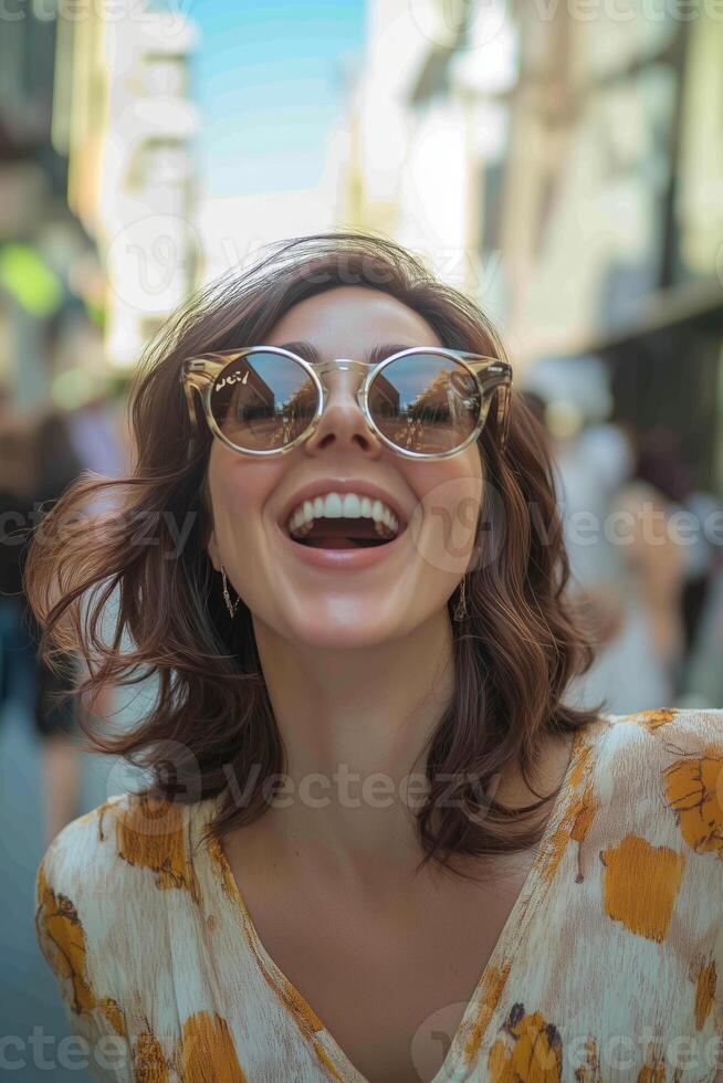 A woman wearing sunglasses and smiling in the street photo