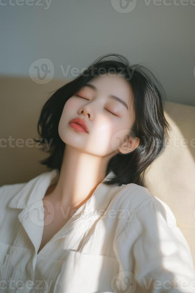 Asian woman sleeping on couch with her eyes closed photo