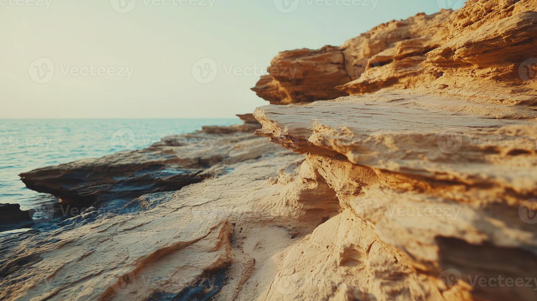 A rocky cliff with a blue ocean in the background photo