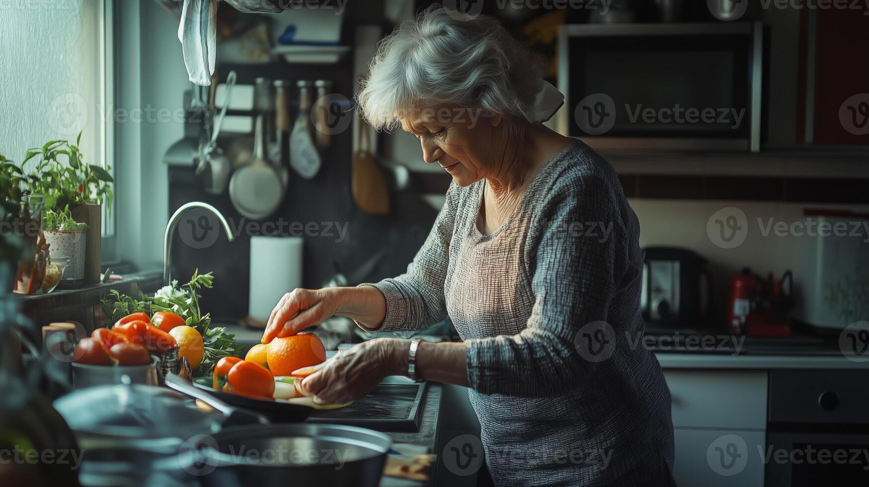 An older woman is preparing vegetables in the kitchen photo