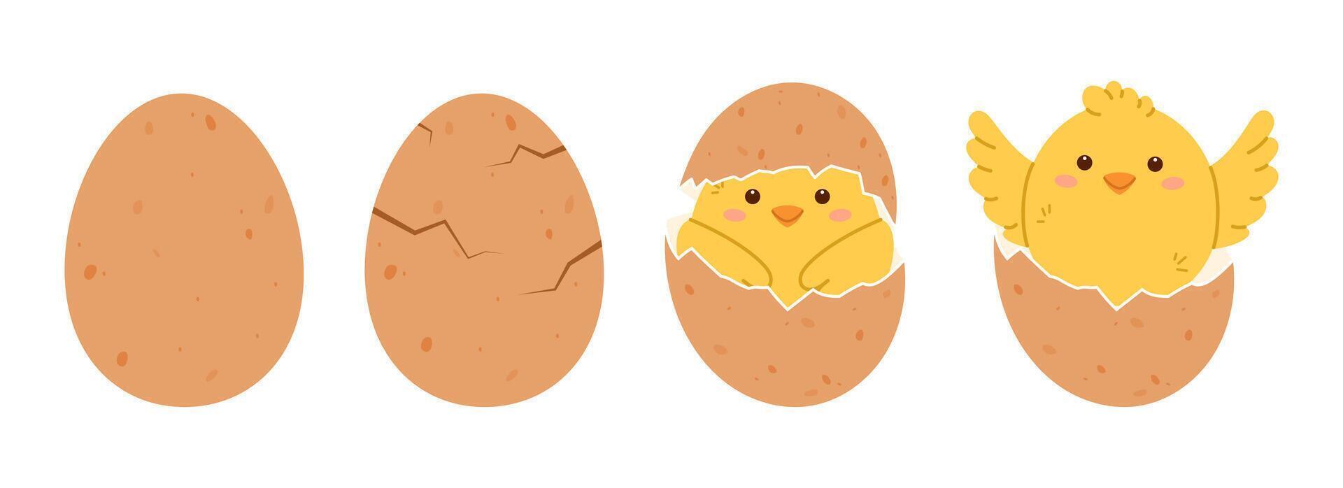 Chicken hatching from egg. Cute yellow chick cracking eggshell. Flat isolated illustration vector