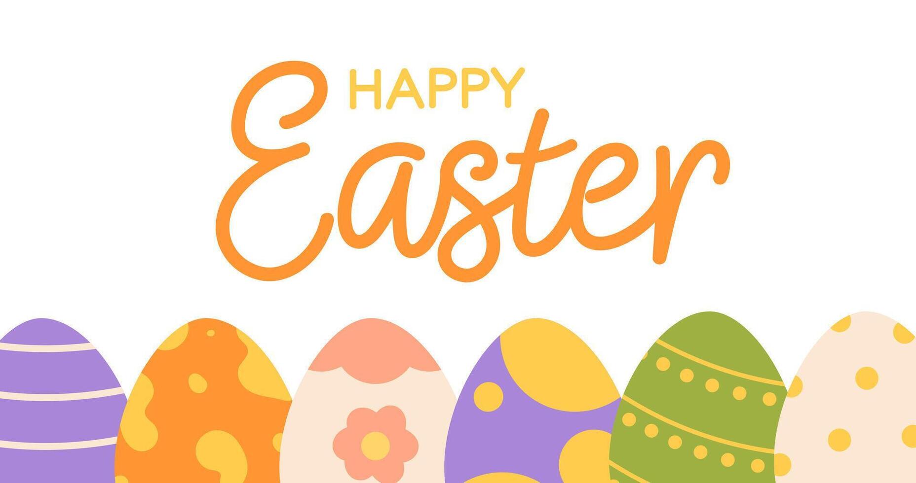 Happy Easter banner or card with Easter eggs. Flat illustration vector