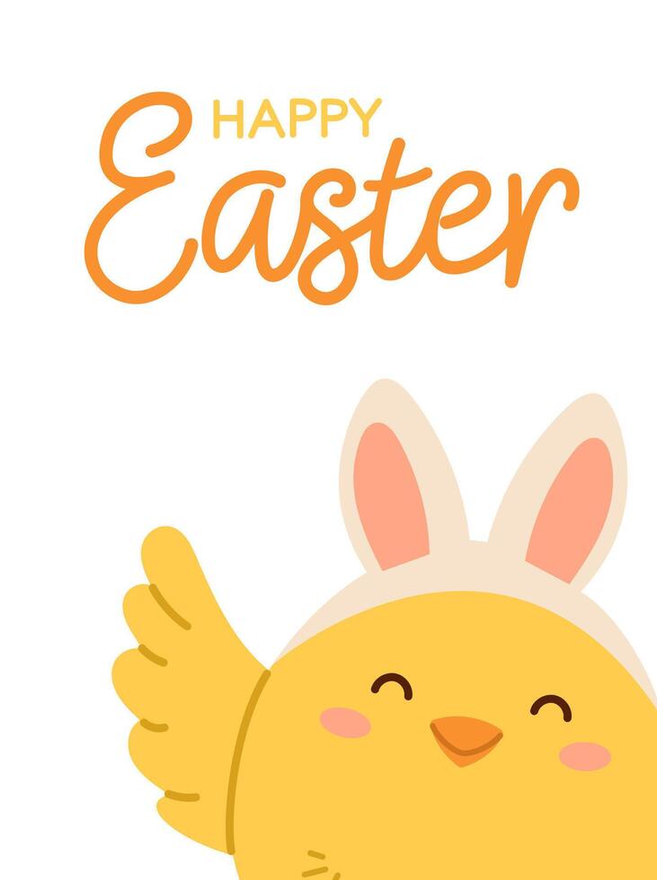 Happy Easter poster or greeting card with cute chick with Easter bunny ears. Flat illustration vector
