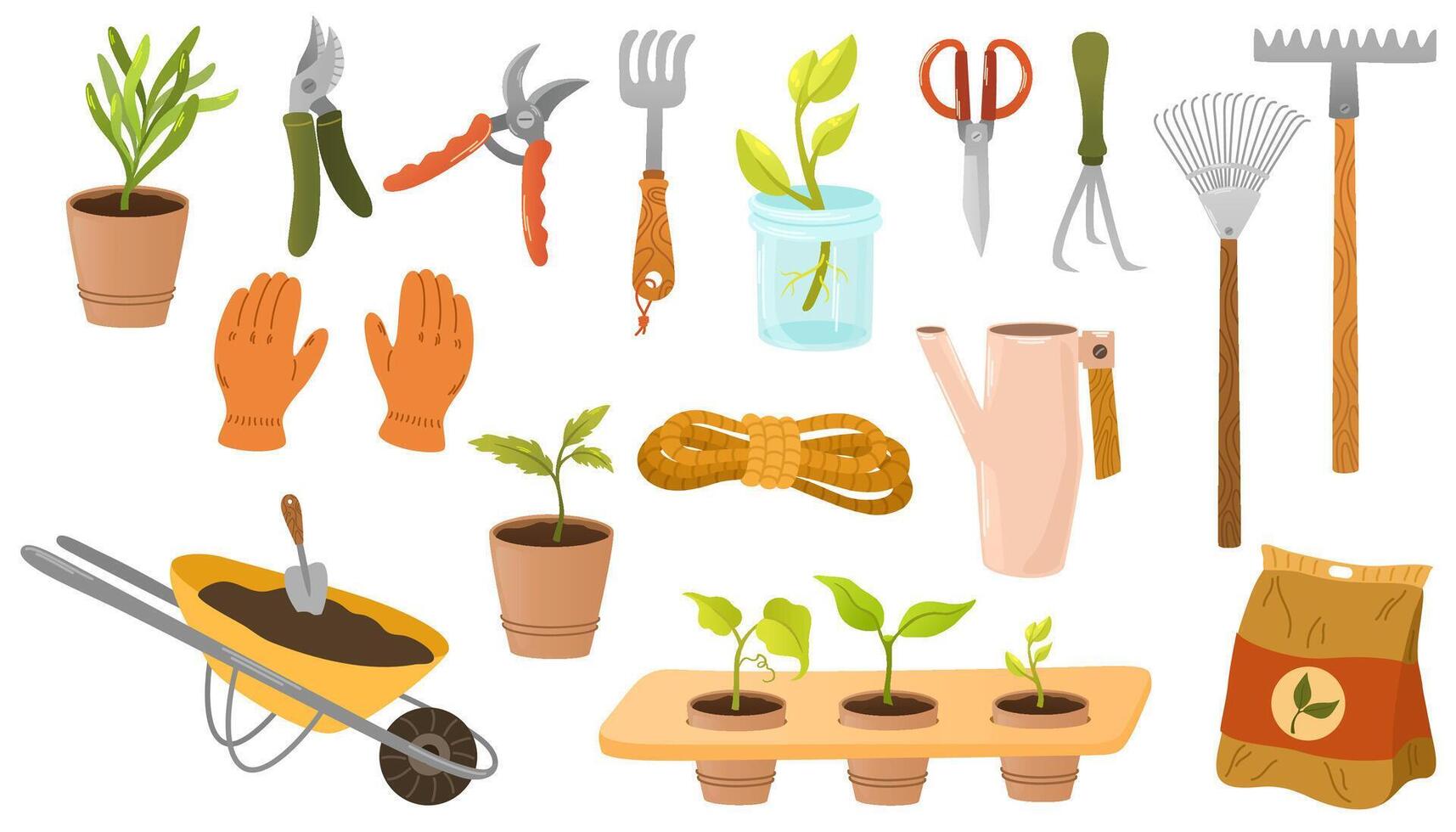 Garden tools collection. Hand draw doodle icons of equipment for gardening and farming, wheelbarrow, secateurs, watering can, set of tools for horticulture, isolated colored clipart vector
