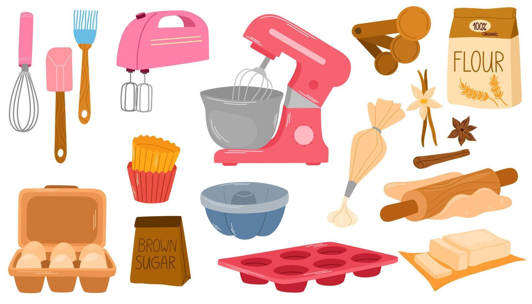 Baking tools, utensils, ingredients set. Kitchen supplies, bakery stuff for cooking cake. Flour bag, sugar, oil, butter, mixer, whisk. Flat graphic illustration isolated on white background. vector