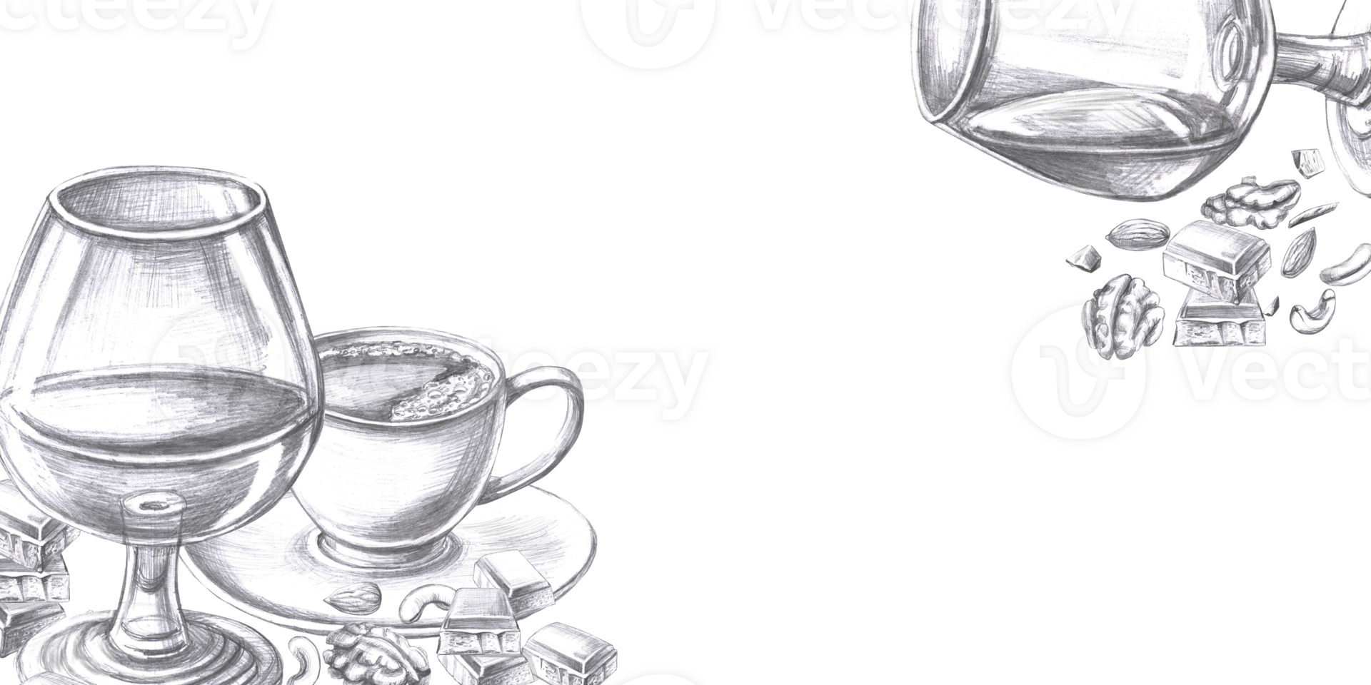 Rectangular frame with glasses of cognac and coffee. Isolated pencil illustration for posters, advertising posters, restaurant menu and bar card design png