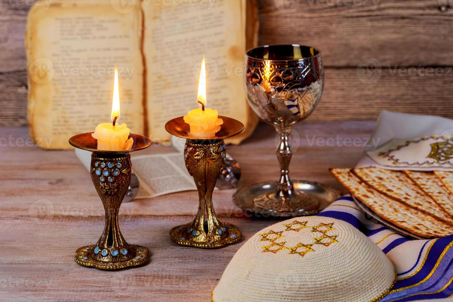 Shabbat Shalom - Traditional Jewish Sabbath matzah, and wine. ritual photo