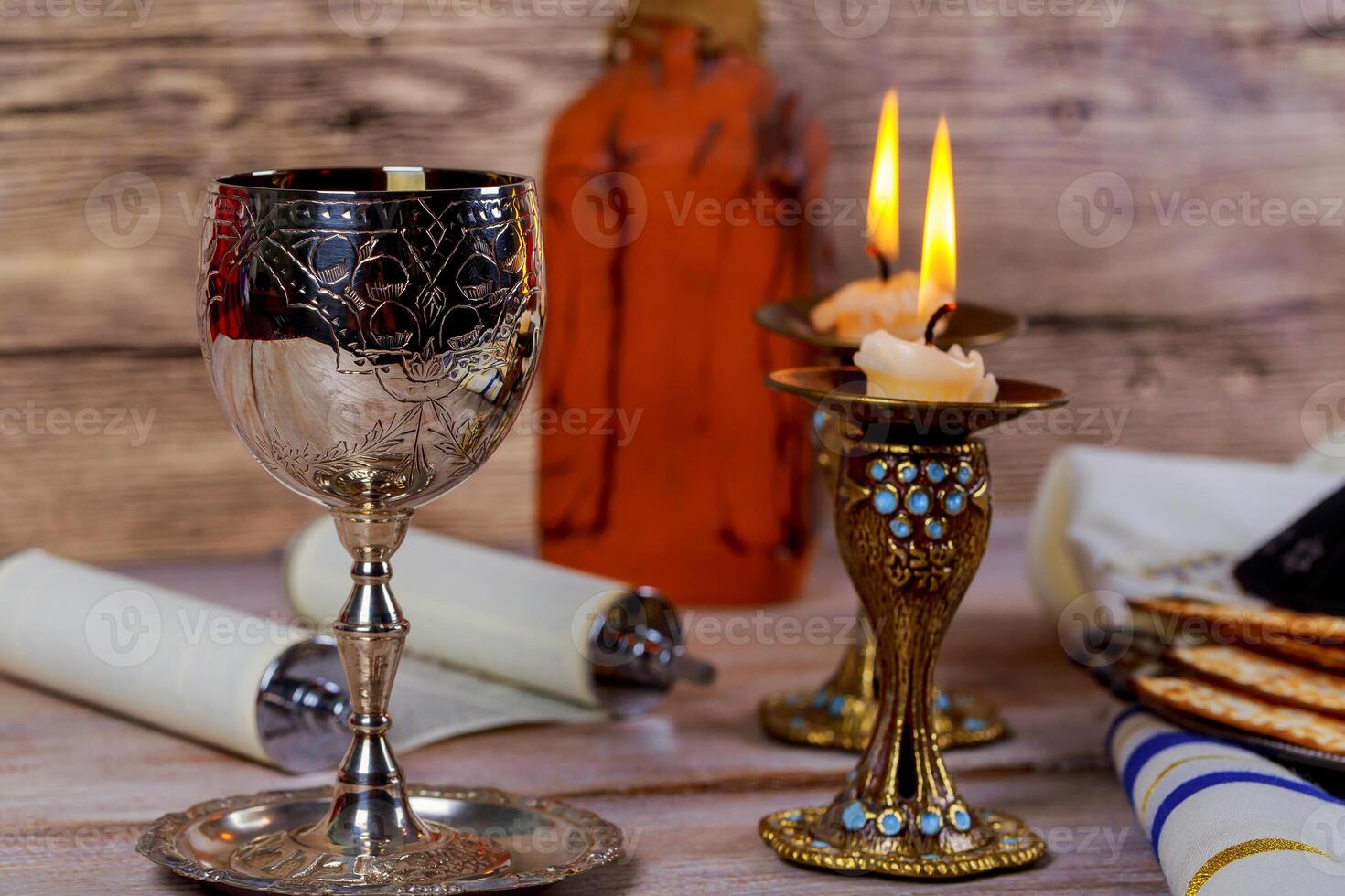 Shabbat Shalom - Traditional Jewish Sabbath ritual matzah, bread, photo