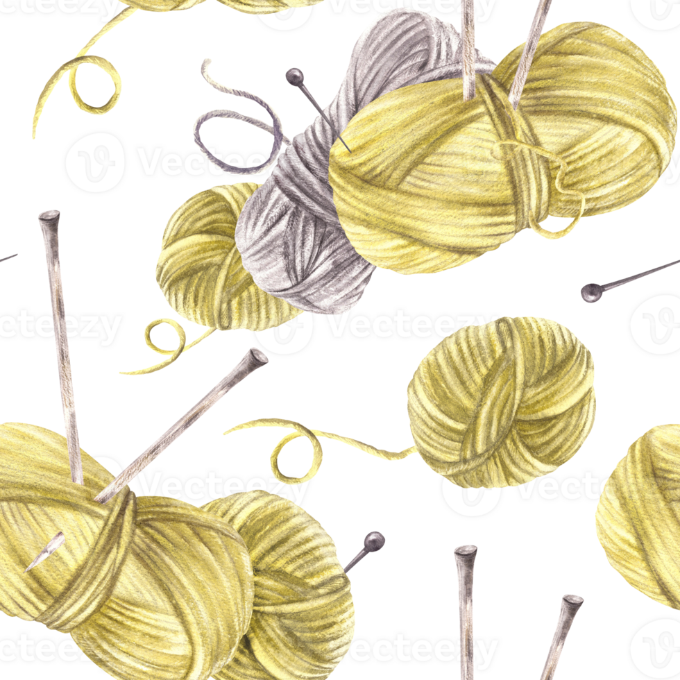 Skeins of yarn with knitting needles, threads and pins seamless pattern. Grey and green hobby yarn balls. Watercolor hand drawn illustration for hobby needlework, fabric print Isolated from background png