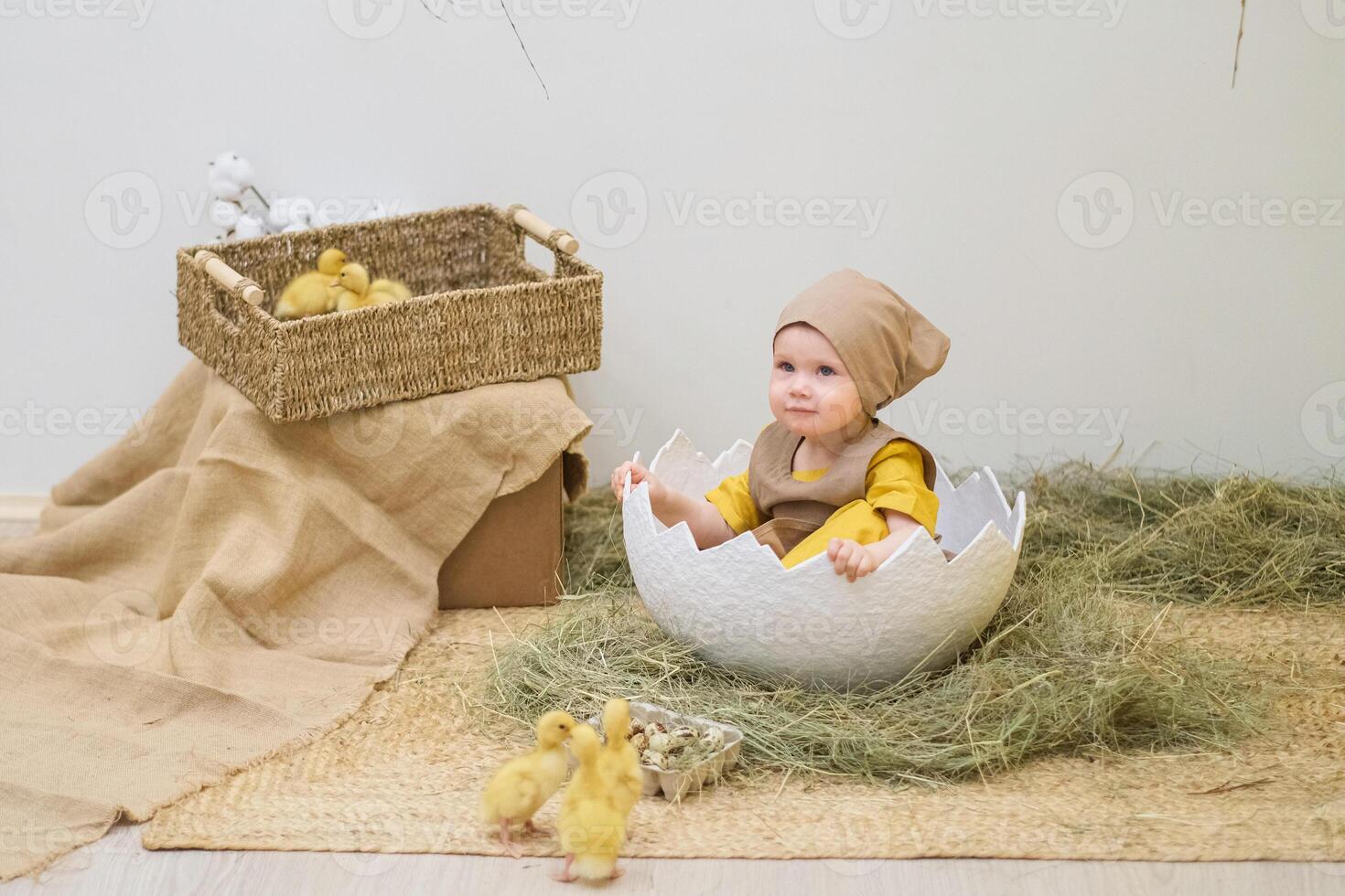 A baby sitting in an egg shell with a basket of ducks photo